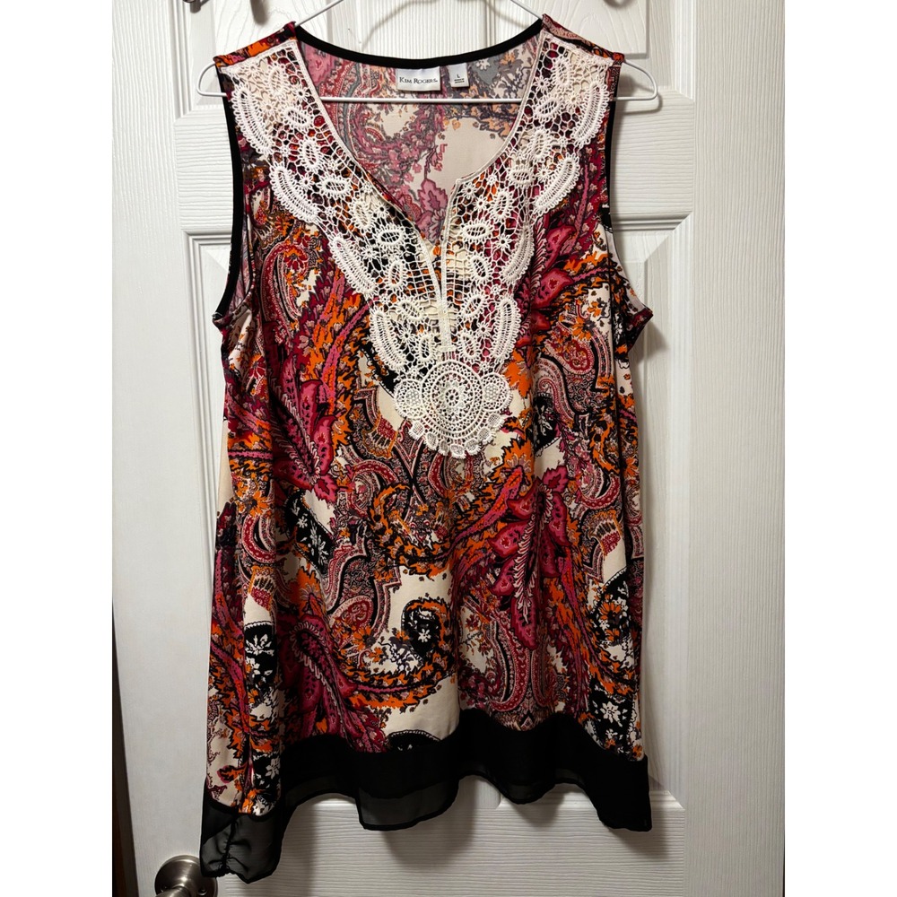Kim Rogers Womens Paisley Sleeveless Top Orange Pink Crochet Lace‎ V-Neck Large
